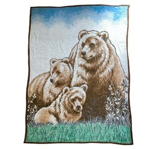 Vintage Biederlack Blanket "Big Bears” Grizzly Bear & Cubs 78” x 54” MADE IN USA
